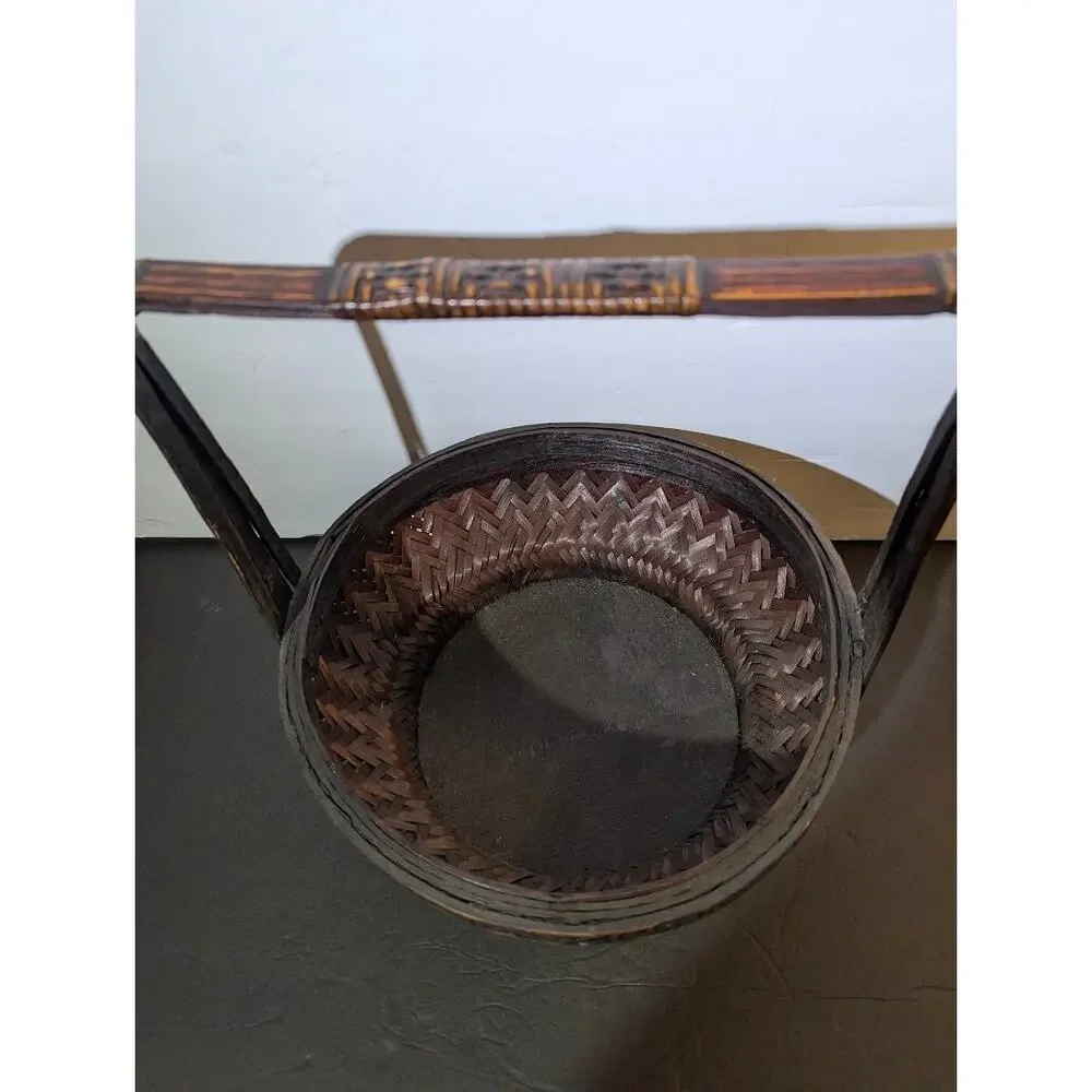 Vintage Woven Bamboo Wedding Basket Lid Chinoiserie Boho Decor